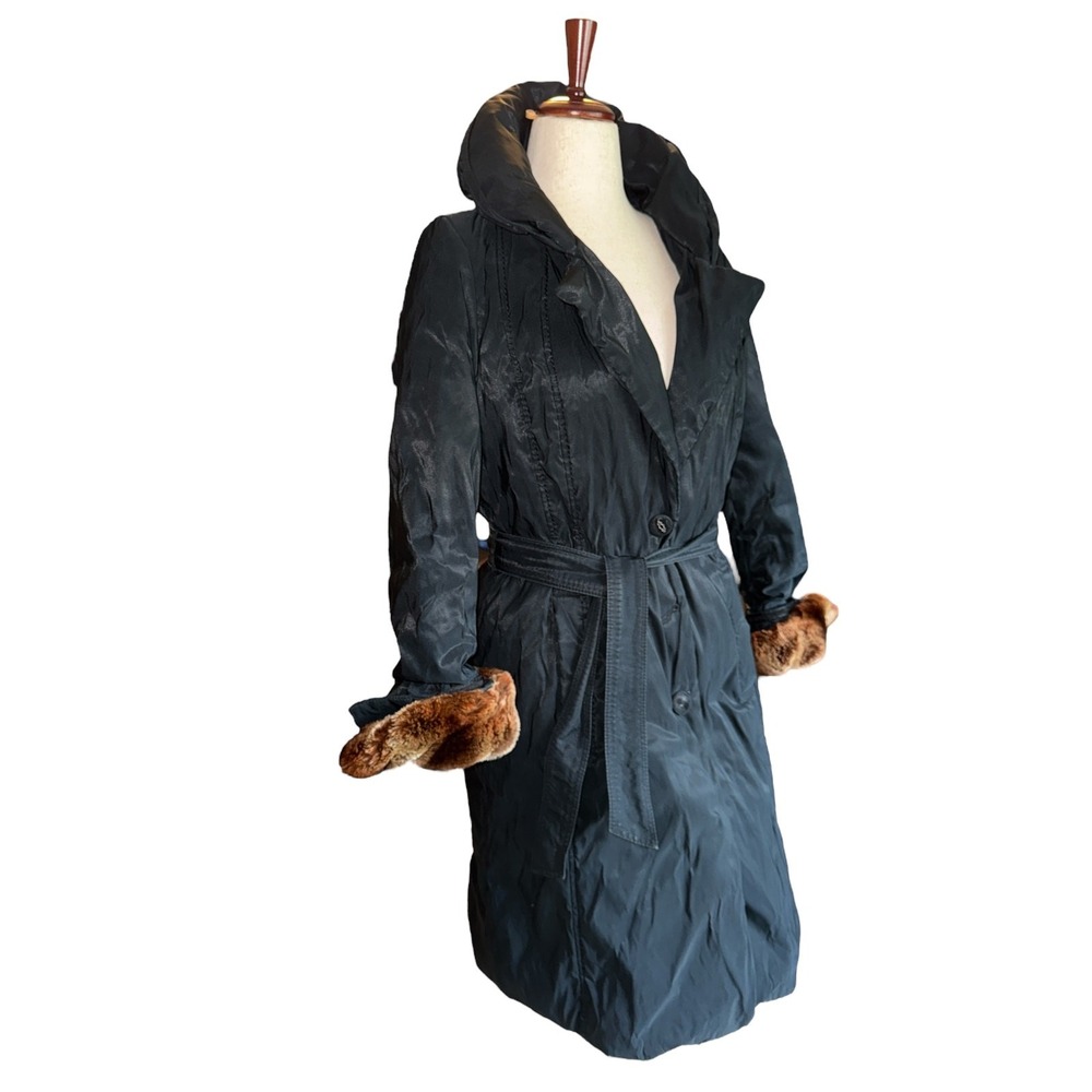 Violanti Trench Coat Women Black Faux Fur Cuff Belted Filltherm Italy Size 6 / M